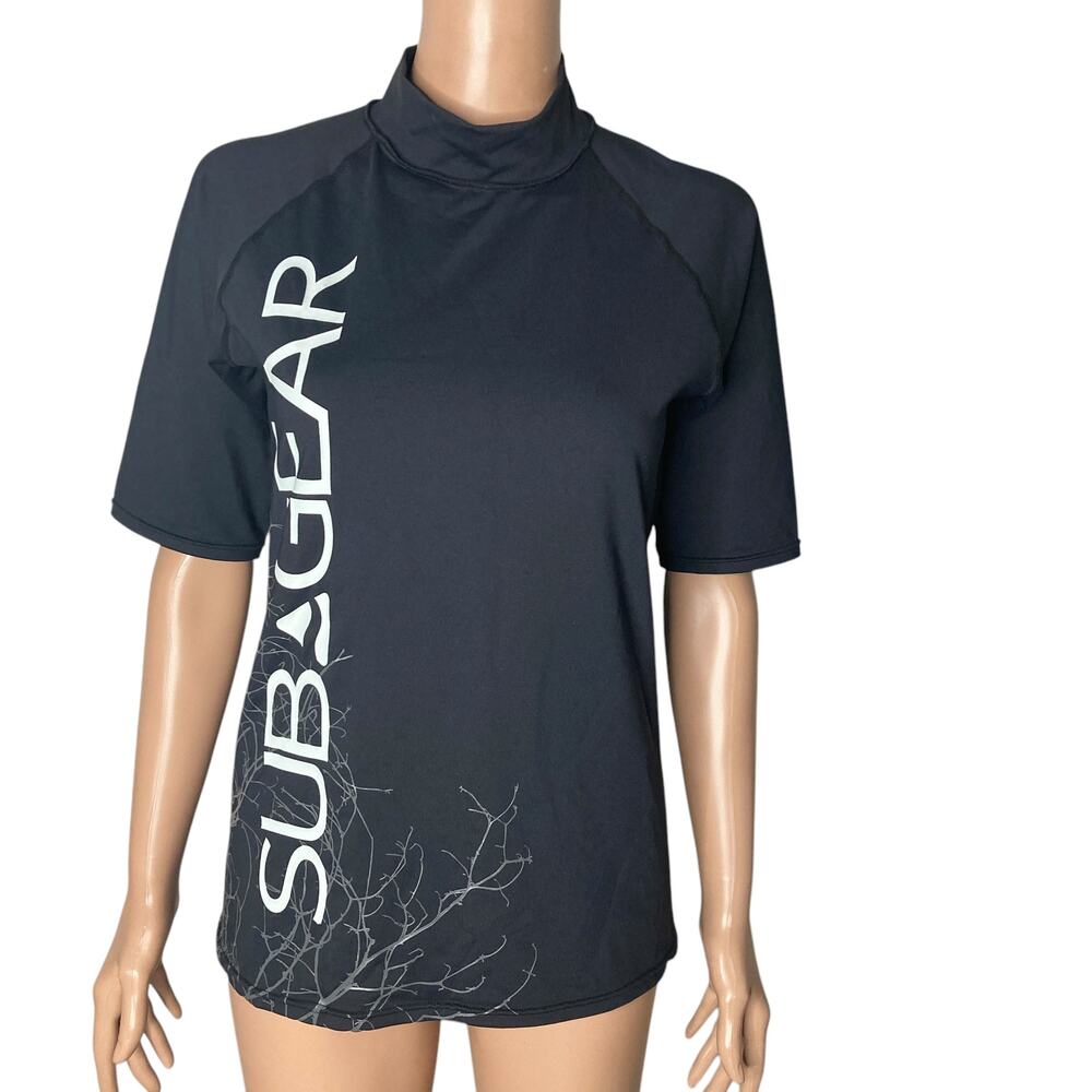 Subgear Swim Shirt Mens XL Rash Guard Stretch Spell Out Black White Scuba